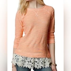Sunday in Brooklyn Anthropologie Sz M knit coral sweater blouse, lace trim hem